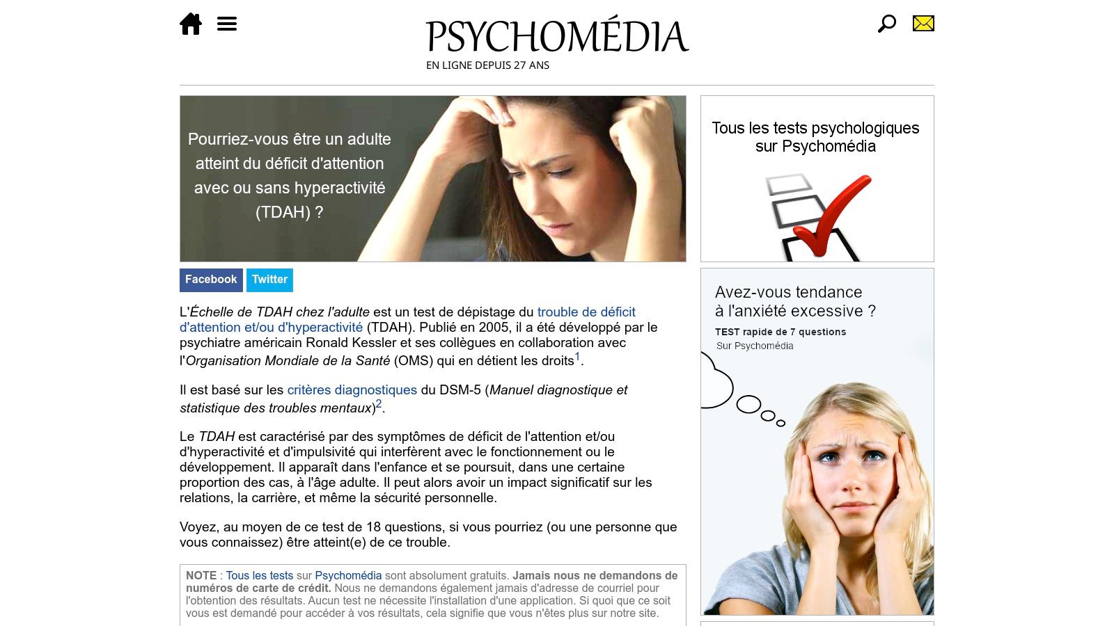 Psychomedia (Québec) – Adult ADHD (ASRS) online test (FR)