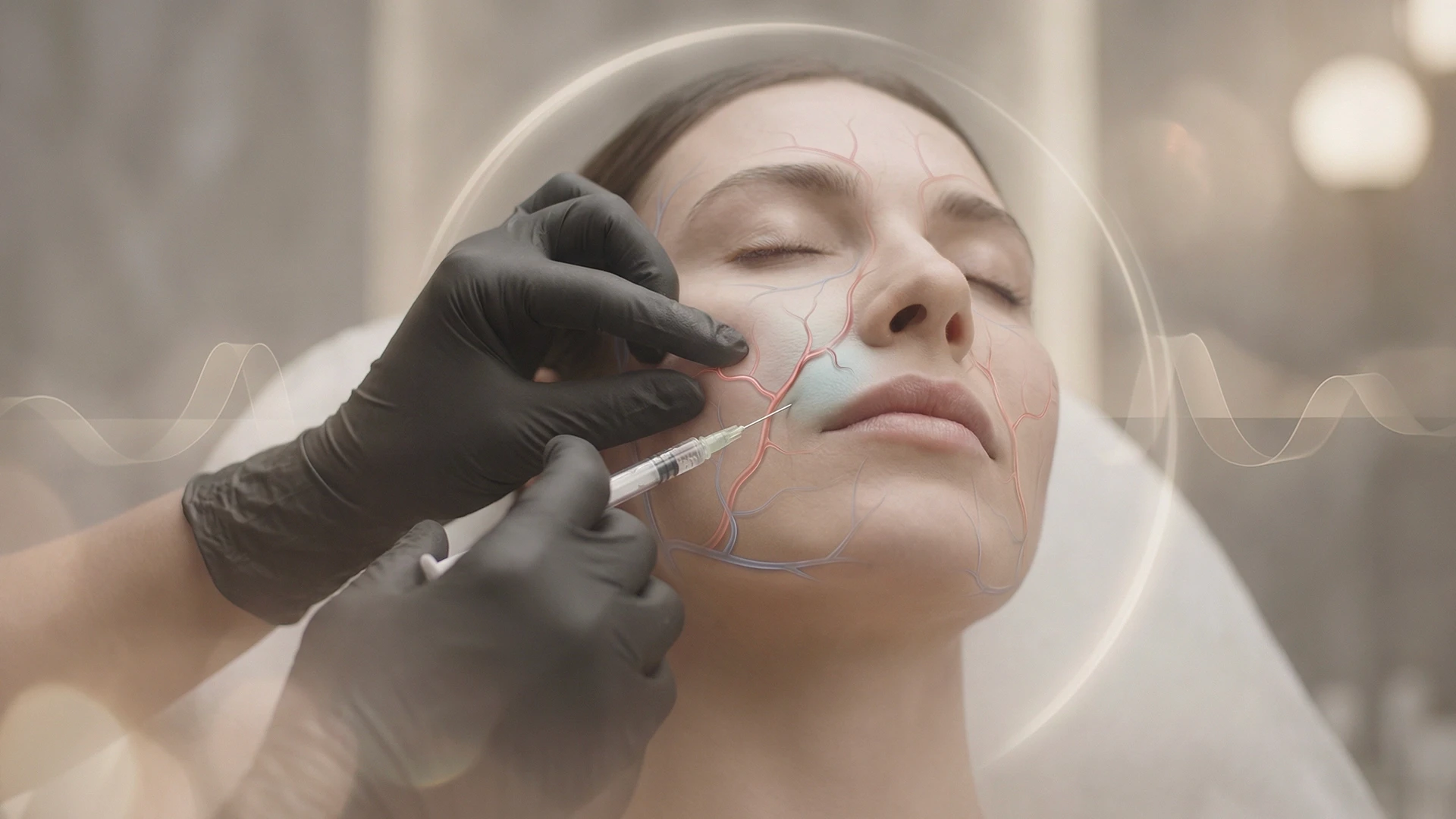 Complicações vasculares em preenchimento facial com ácido hialurônico, destacando anatomia vascular e áreas de risco na harmonização orofacial