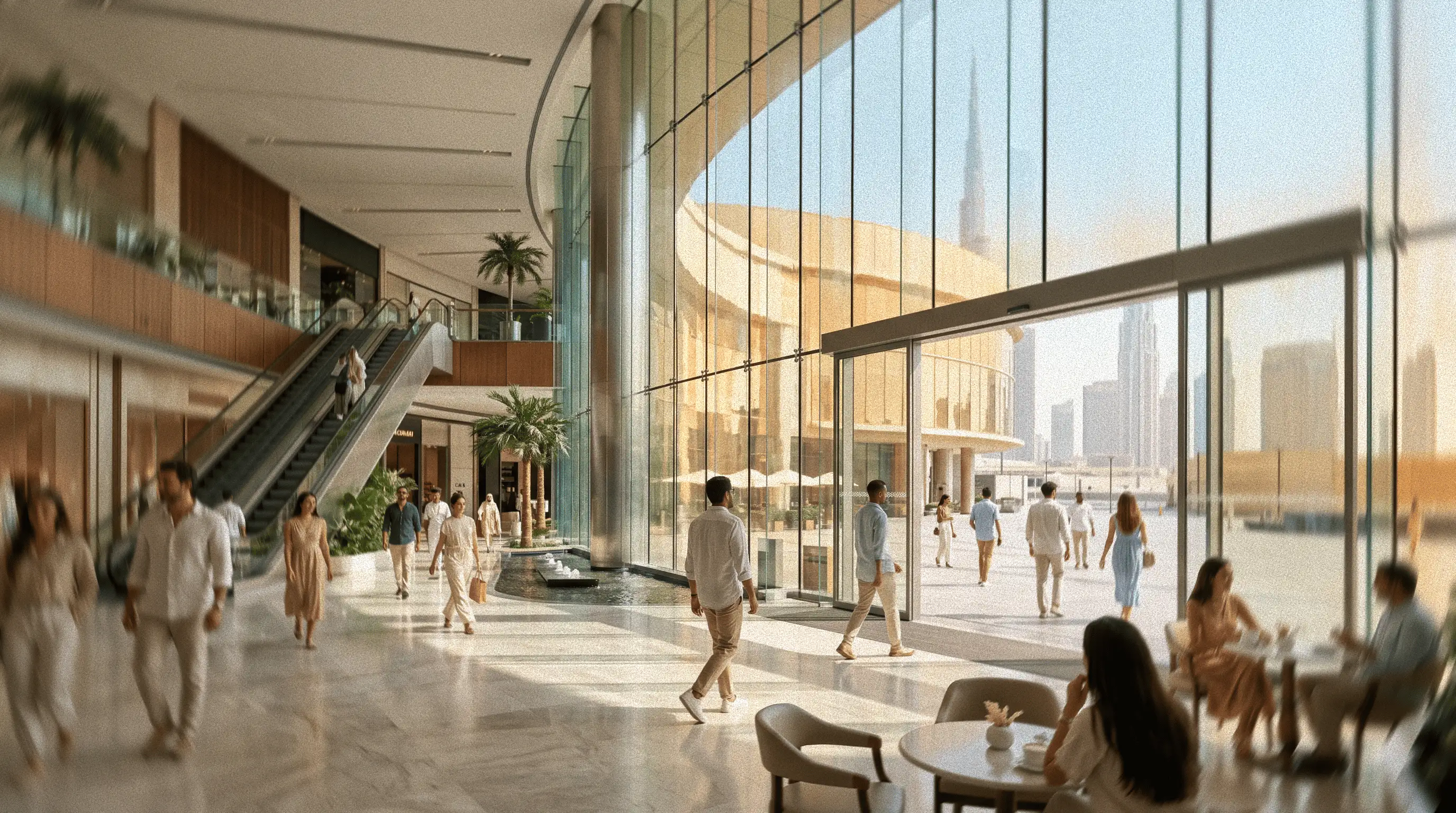 Interior de espacio comercial moderno en Dubái con personas caminando y tiendas.