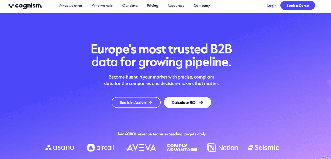 Cognism home page claiming Europe most trusted B2B data for growing pipeline, above a row of customer logos
