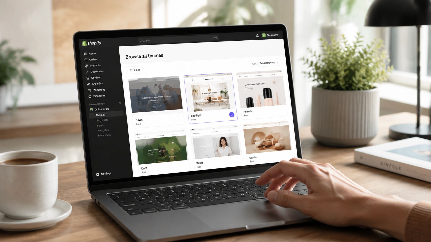 A person browsing free Shopify themes on a laptop screen while working at a wooden desk.