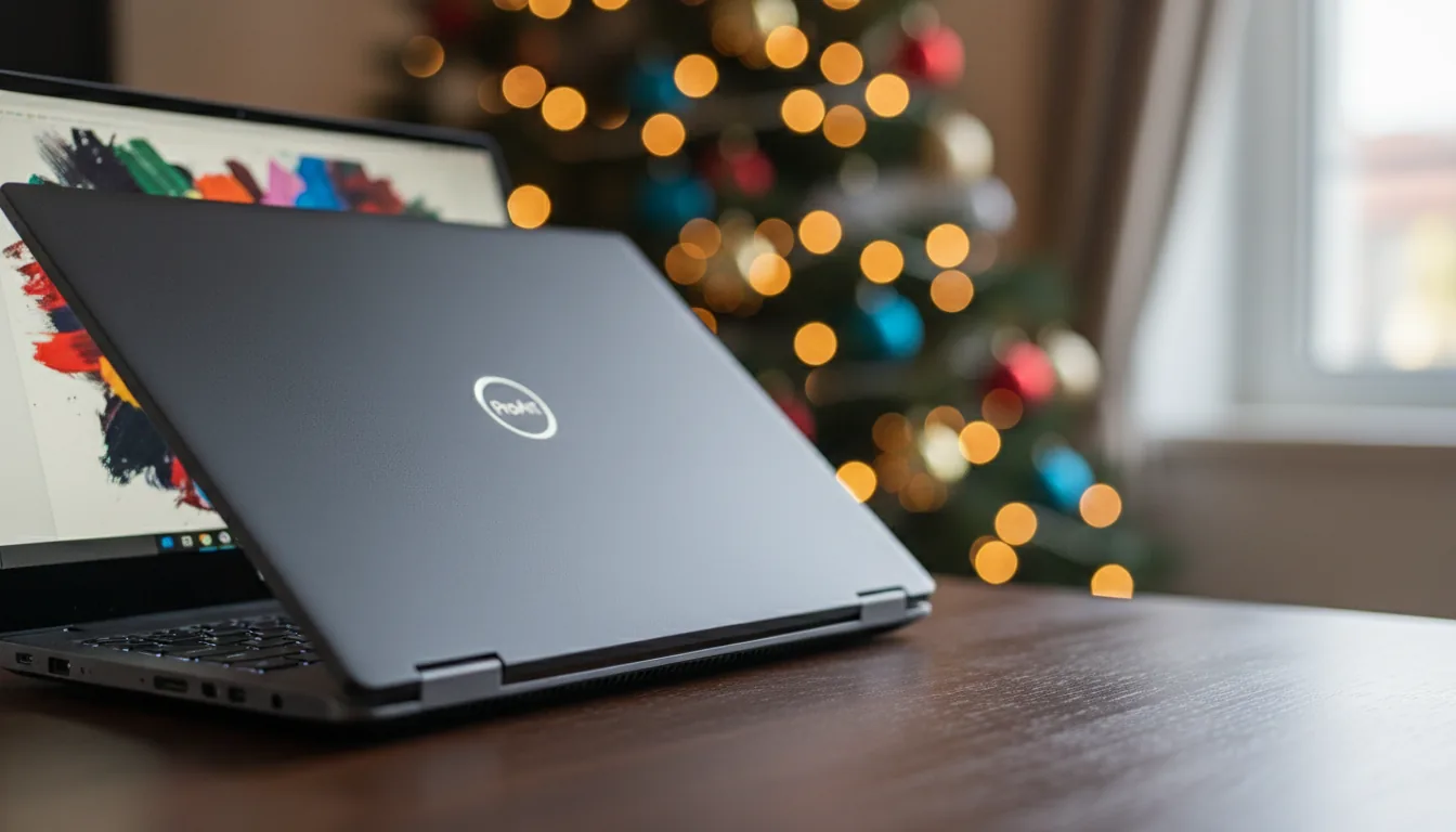 DSLR photograph of a high-end ASUS ProArt laptop with a matte dark grey finish, resting open on a dark wood desk. The shot is a medium close-up with a shallow depth of field, focusing on the laptop's lid. The background is beautifully blurred, featuring a decorated Christmas tree with vibrant, colorful bokeh lights. Soft, natural ambient lighting, product photography style.
