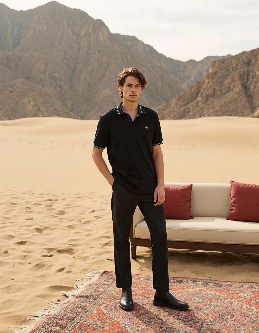 Stylish desert scene with person in black outfit standing on patterned rug beside modern sofa, with dramatic mountain backdrop