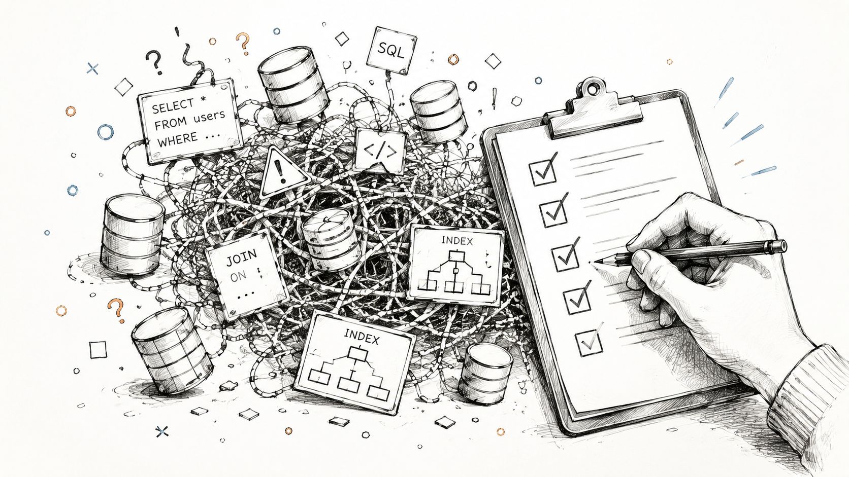 A hand filling out a checklist while surrounded by a messy web of database and SQL query icons.