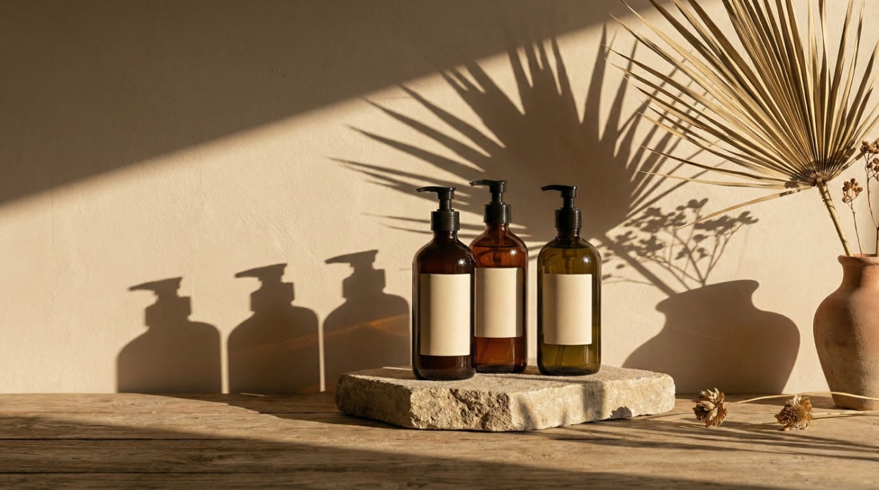 Three amber pump bottles with blank labels stand on a stone slab. Warm sunlight casts shadows of dried palm leaves and flowers on a wooden table and wall.