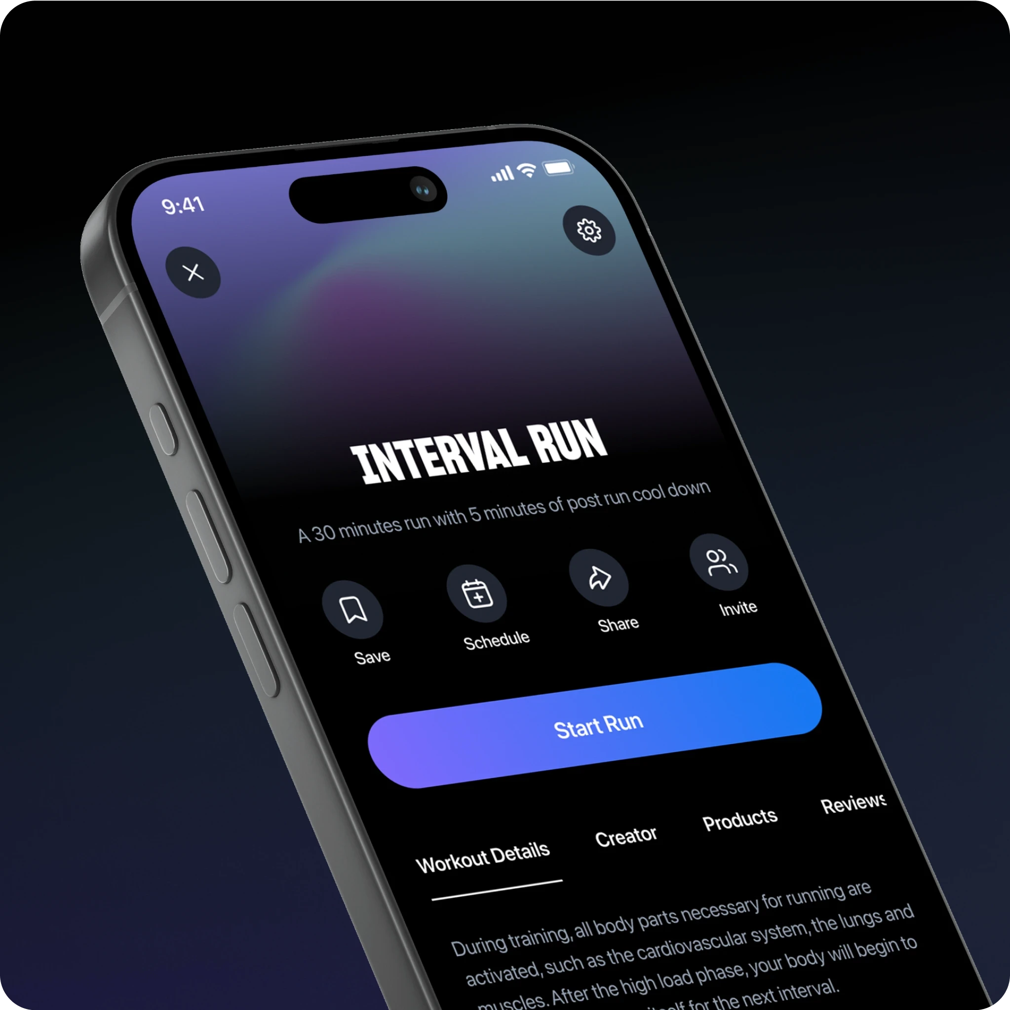 Close-up of a smartphone screen displaying a running app interface titled “Interval Run.” The app shows a 30-minute workout with options to save, schedule, share, or invite others, and a prominent “Start Run” button on a sleek, dark-themed background.