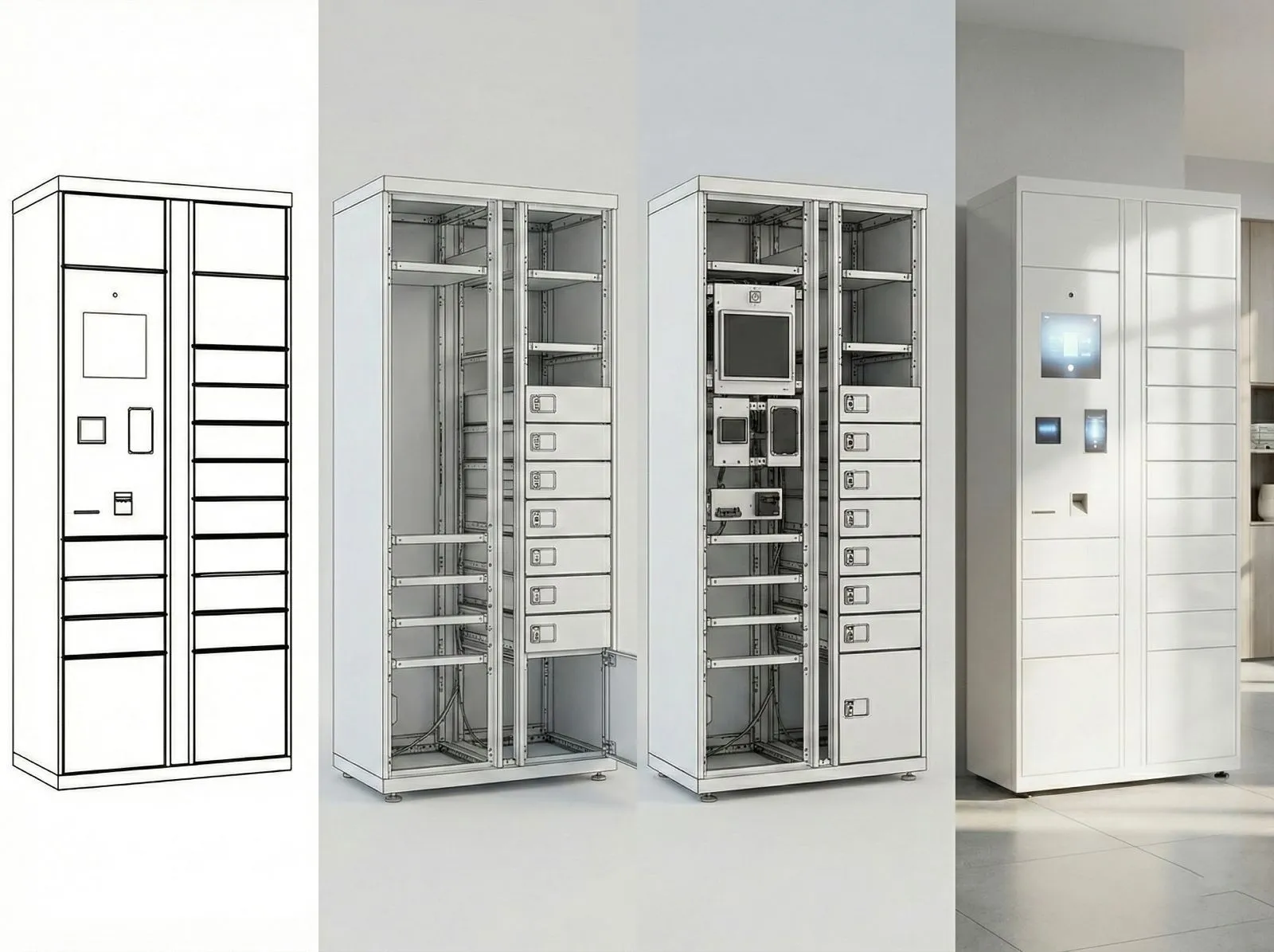 Complete smart locker system showing various compartments and control panel