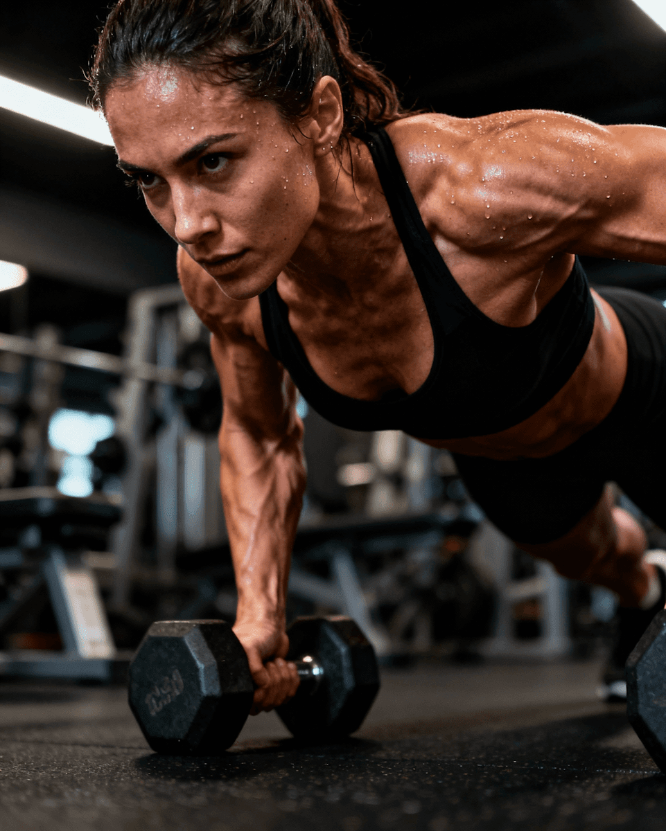 Determined sweaty woman performing push-ups with dumbbells in intense gym workout.