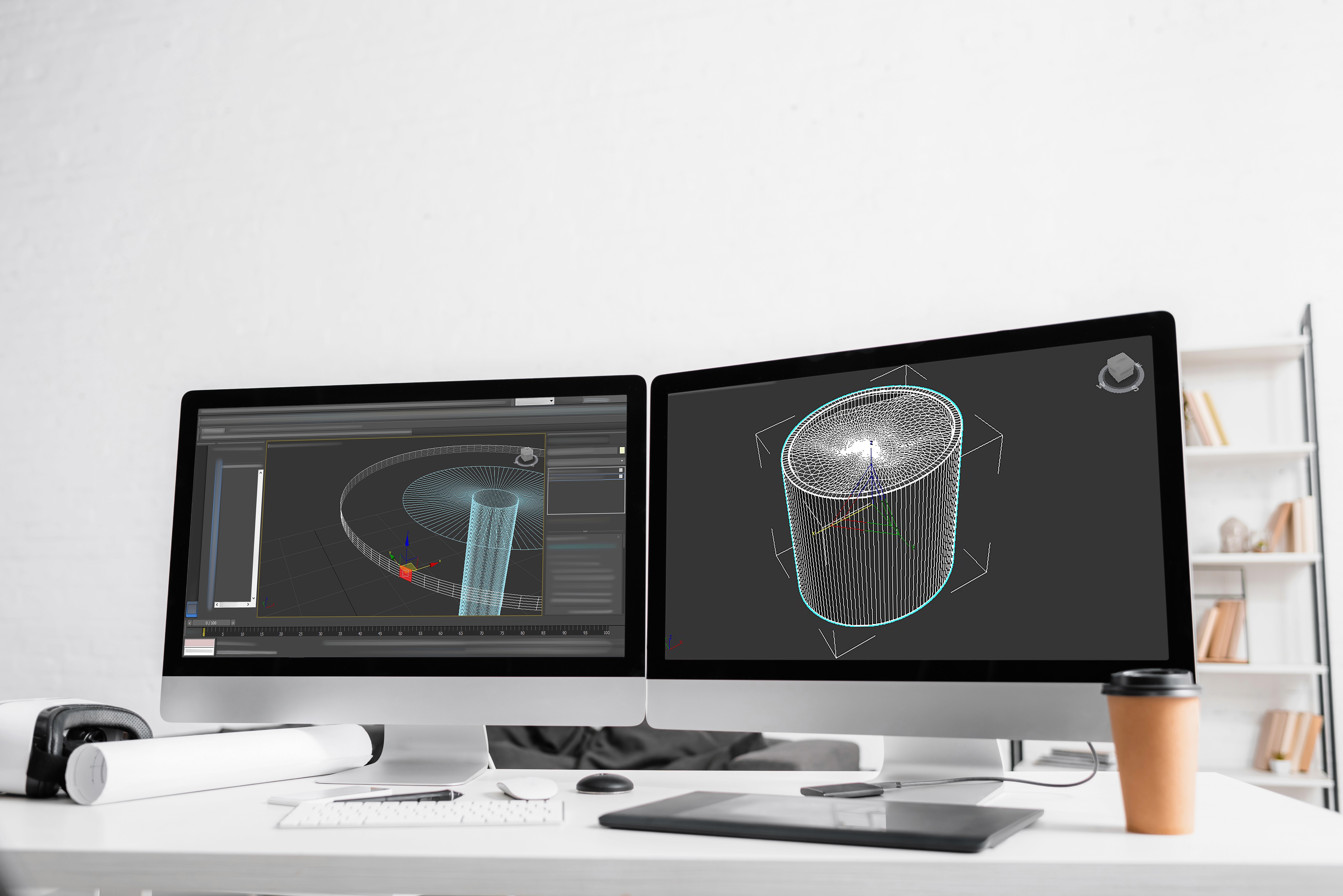 3D modeling wireframe design on dual computer monitors with graphics tablet and VR headset in modern workspace