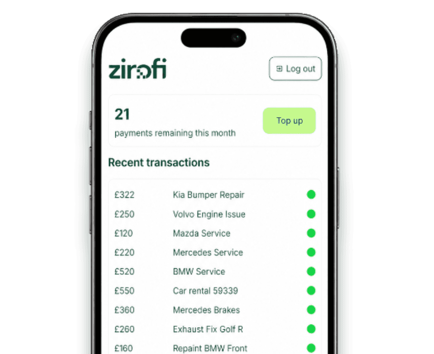 Zirofi app dashboard showing a list of recent payment requests such as a car service