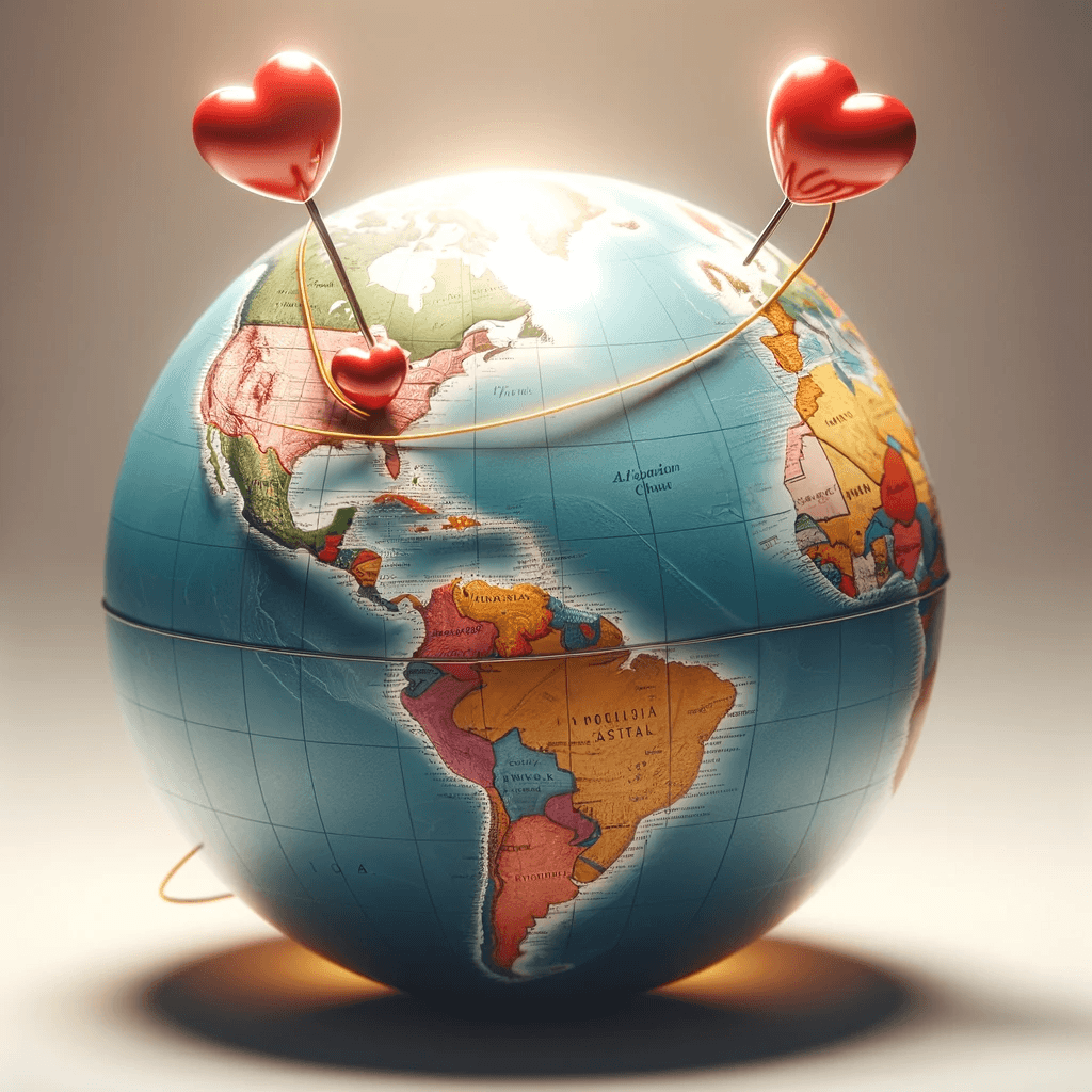 Globe with heart pins in the U.S. and a foreign country connected by a string, symbolizing the international union enabled by the Marriage Visa.
