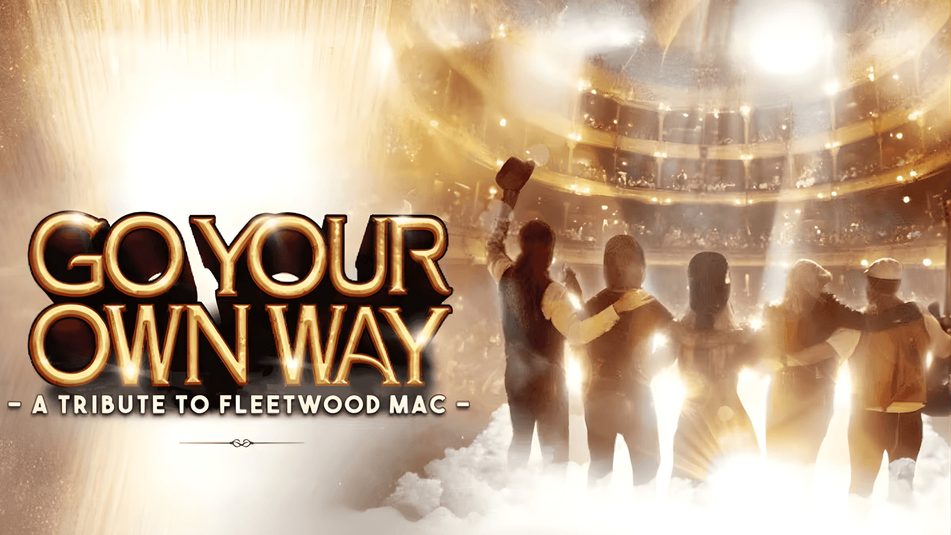 Tribute band on stage with audience, "Go Your Own Way" text.