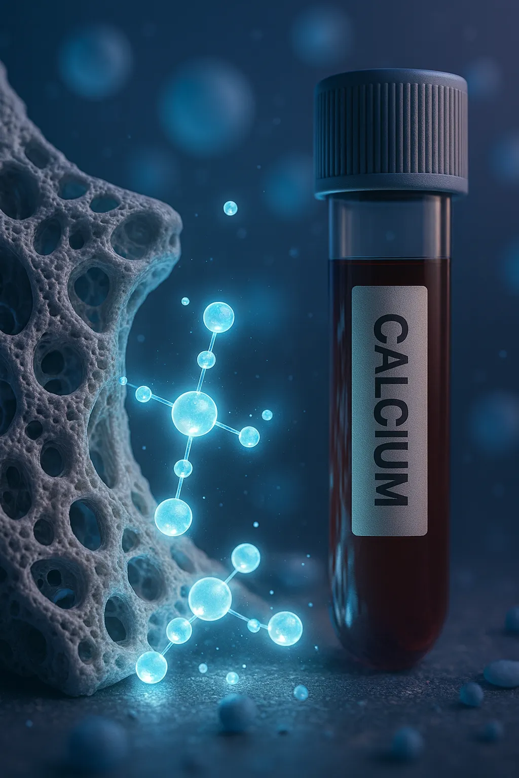 Calcium: “Blood tube labeled calcium beside porous bone and glowing calcium ions.”