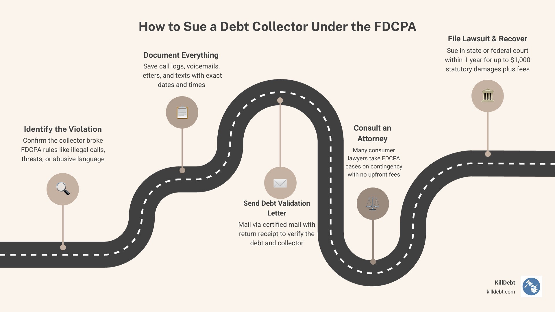 Step-by-step infographic: how to sue a debt collector under the FDCPA in 2026 infographic