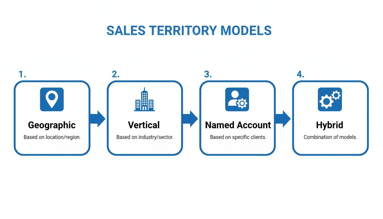 An infographic illustrating four sales territory models: Geographic, Vertical, Named Account, and Hybrid, with descriptions of each.