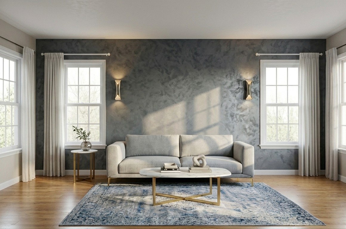 A room with a hard wood floor and green walls