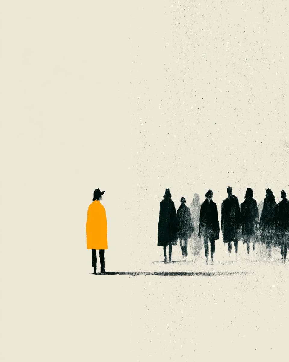 Illustration: Person in gelben Mantel steht vor Menschengruppe. Kontrast, Isolation, Kunst.