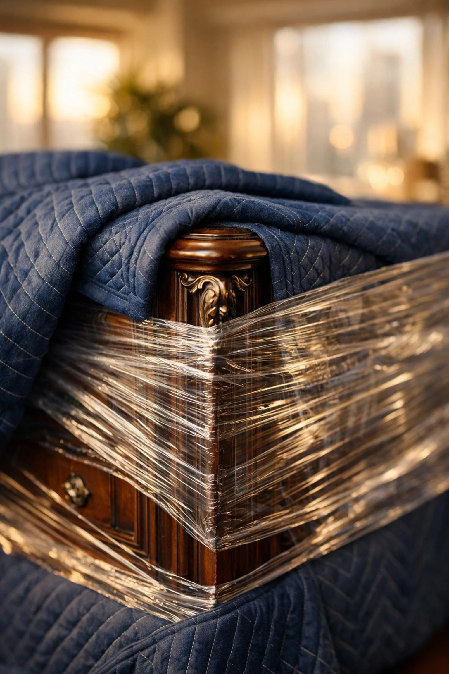 Professional packing for a vintage dresser during furniture delivery in a Los Angeles apartment.