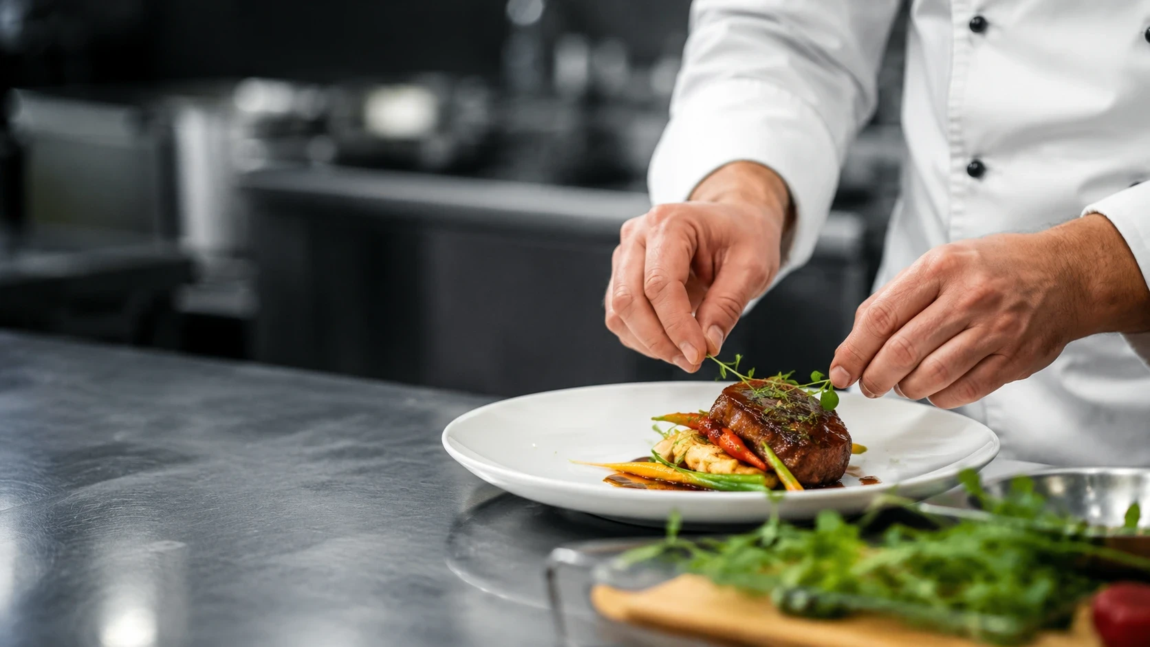Chef uniformizado emplatando prato executivo em cozinha própria de buffet corporativo, com bancadas de inox ao fundo