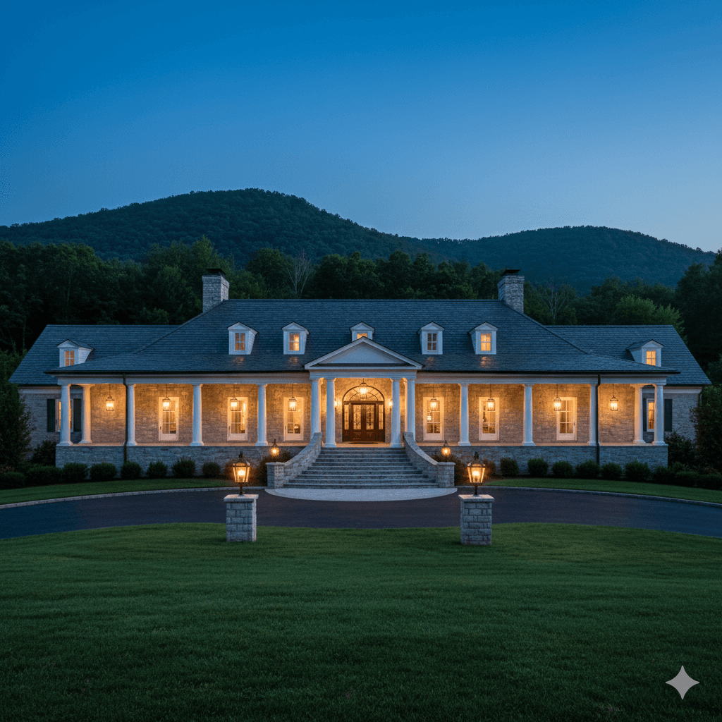 Grand one-story stone mansion with white columns and symmetrical dormers at twilight.
