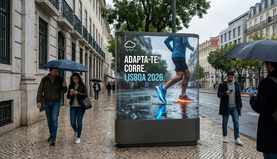 Mupi digital futurista na Avenida da Liberdade, Lisboa, num dia chuvoso. O ecrã exibe um anúncio com o texto "ADAPTA-TE. CORRE. LISBOA 2026." e uma imagem de um corredor com ténis luminosos a pisar água. Peões com guarda-chuvas e telemóveis caminham no passeio molhado.