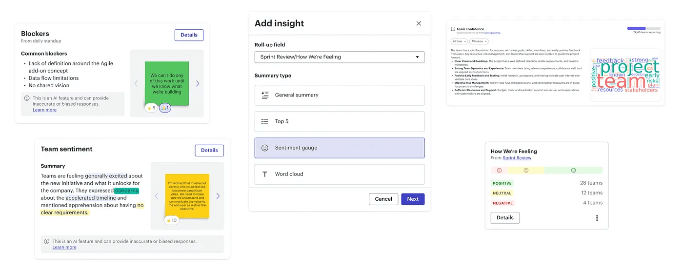 Agile insight visualization explorations including a word cloud, sentiment segmented graph, and others