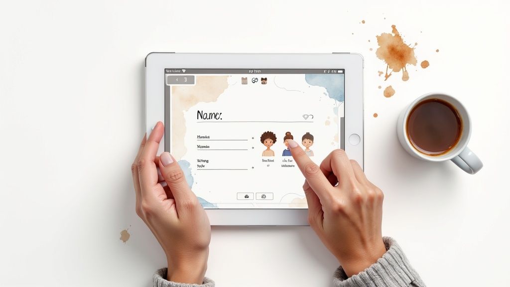 Woman's hands using tablet to design personalized baby name book with coffee cup nearby