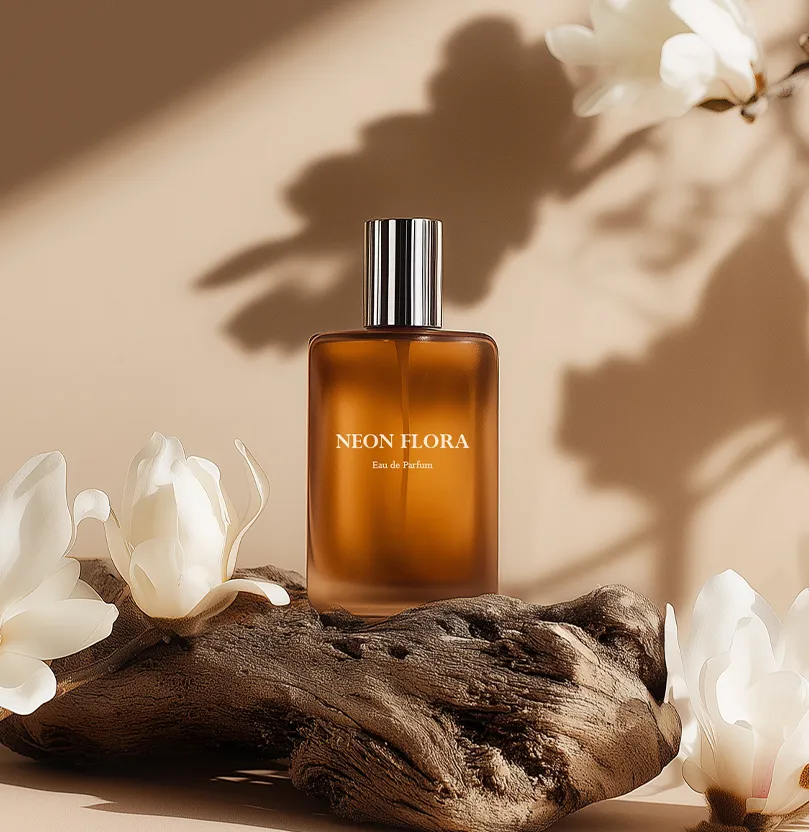 나무 위에 놓인 갈색 향수병과 흰 꽃이 함께 연출된 장면