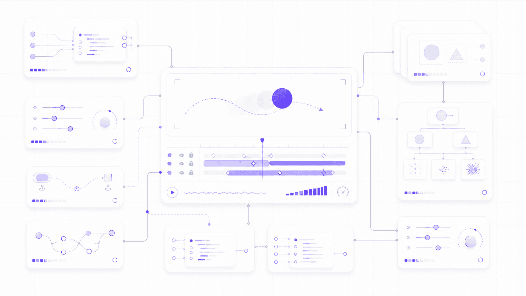 A clean motion design workflow illustration showing expression nodes, controller sliders, nested precomp cards, and connector paths leading into a central animation timeline.
