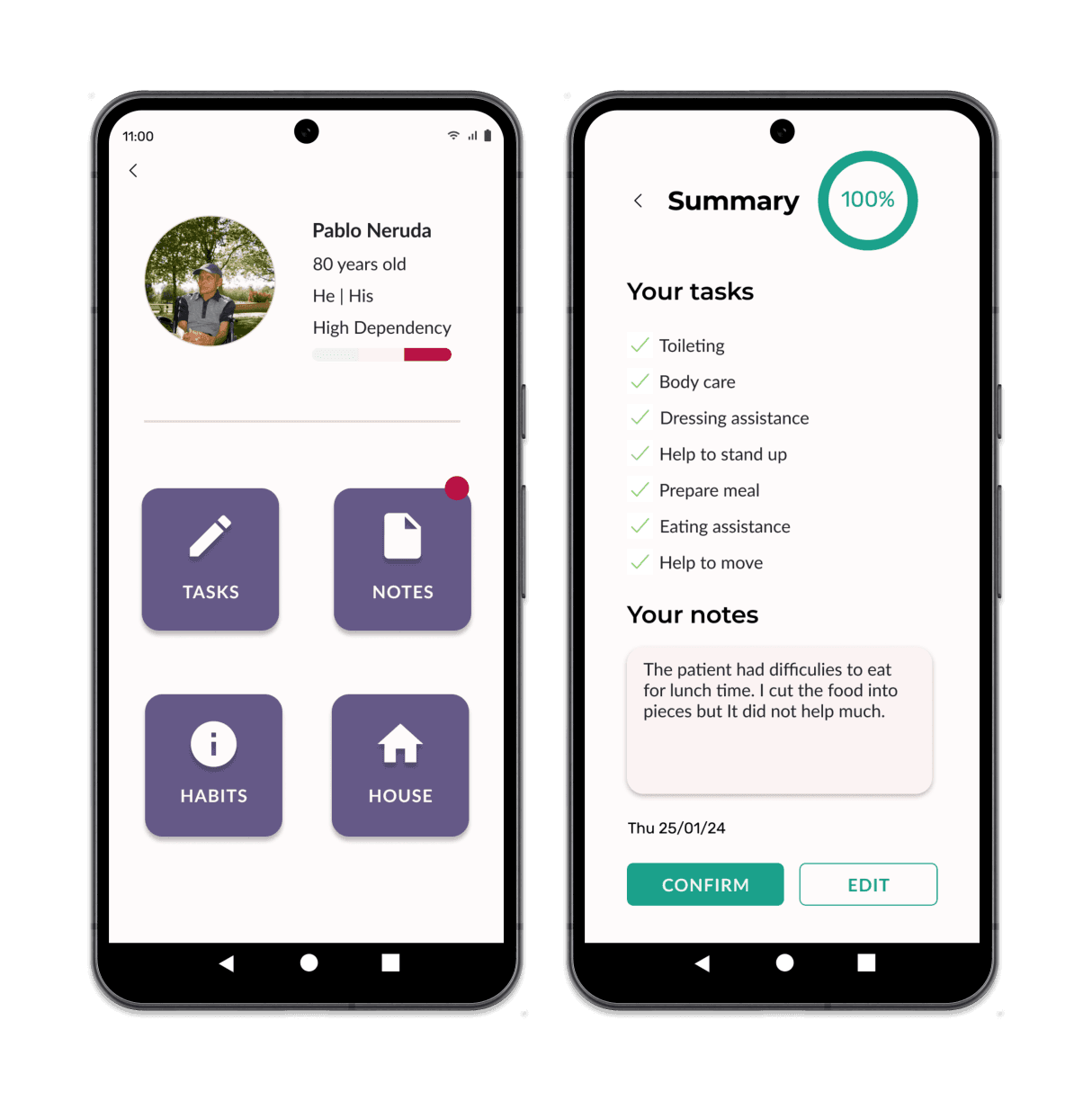 Two mobile screens of the Your Care Companion app displaying patient information and notes from the home care provider.