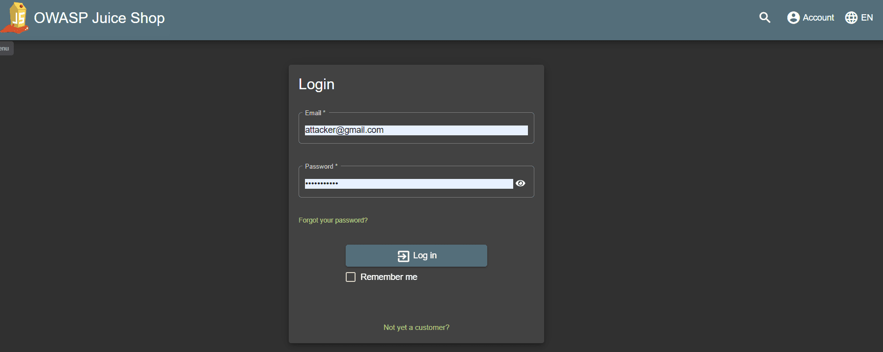 Open the OWASP Juiceshop login page