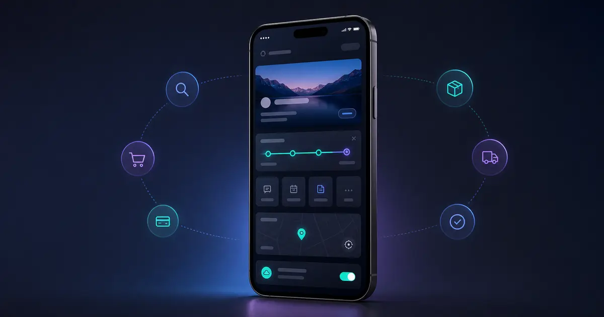Generic smartphone app interface illustrating customer journeys that need a mobile app through Repeat Use, Time Sensitivity, Device Context, Offline Need