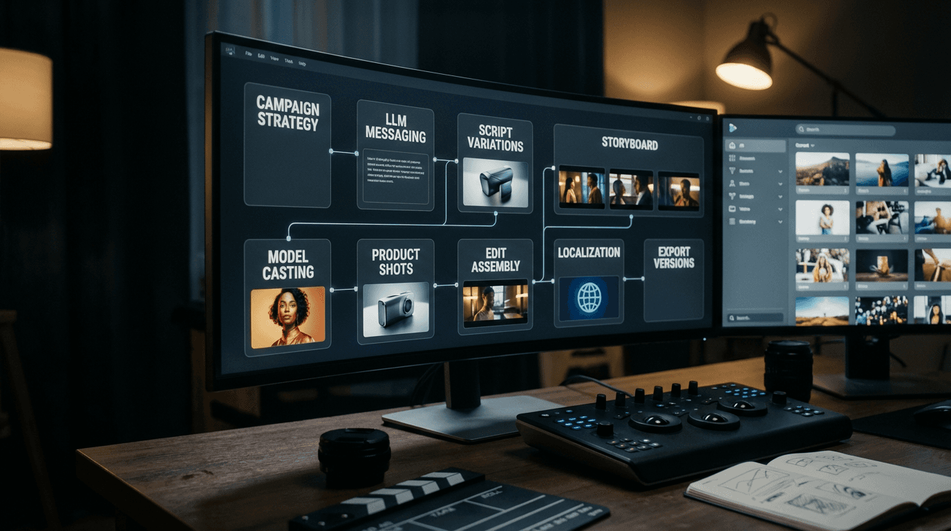 Campaign content workflow displayed on a video production workstation