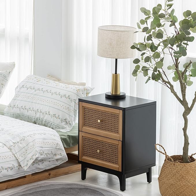 Black and cane nightstand – A stylish and functional furniture piece, perfect for any modern home.