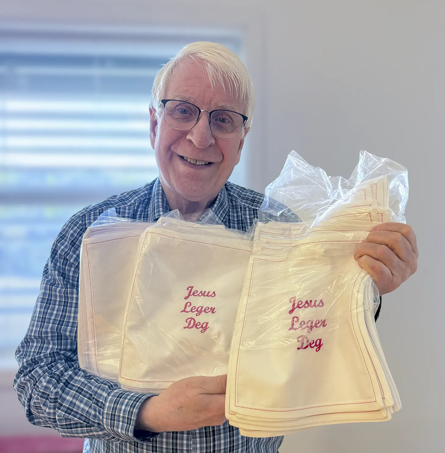 Svein-Magne shows a collection of special anointing cloths to be sent out.