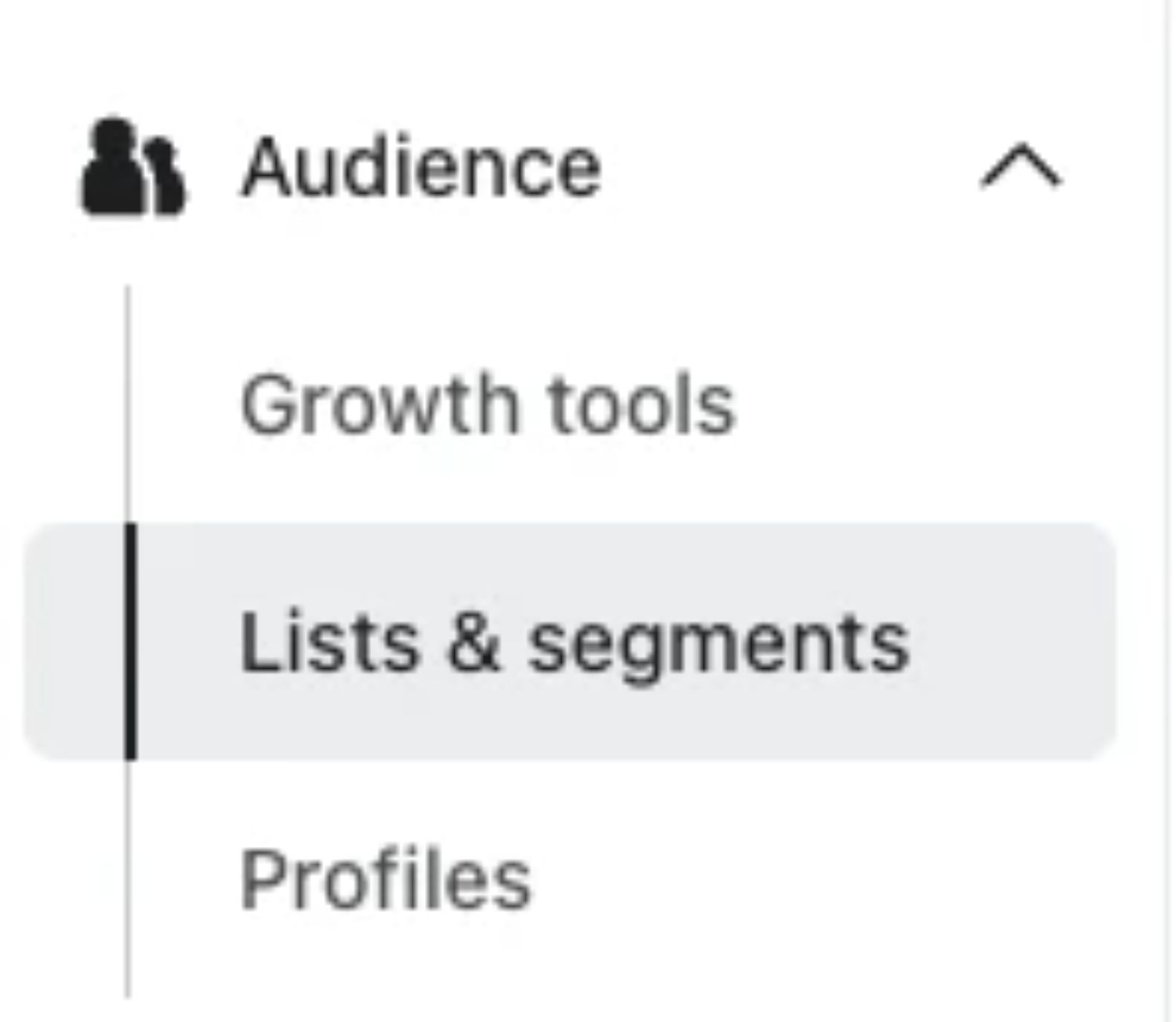 Build Segments in Klaviyo (Menu): A screenshot of Klaviyo's "Audience" section in the menu, showing options for "Growth tools," "Lists & segments," and "Profiles." The "Lists & segments" option is highlighted.