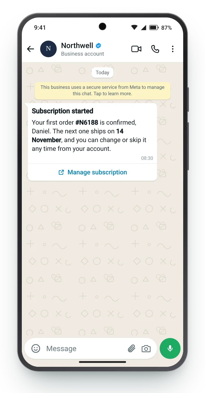 A subscription's first delivery: WhatsApp order confirmation on an Android phone
