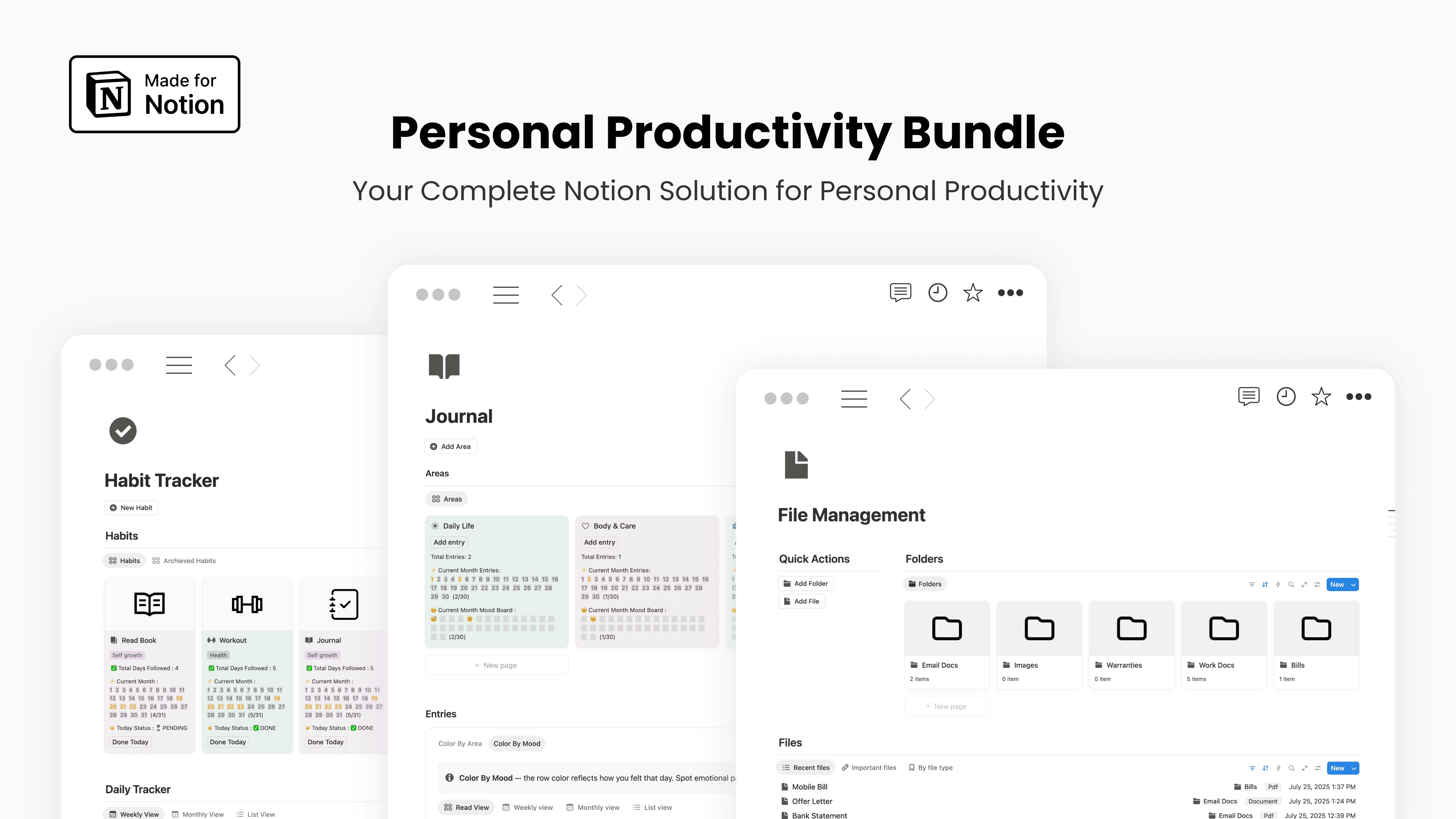 Personal Productivity Bundle featuring 11 Notion templates for habits, journaling, goals, tasks, notes, finances, recipes, groceries, books, files, and everyday organization.
