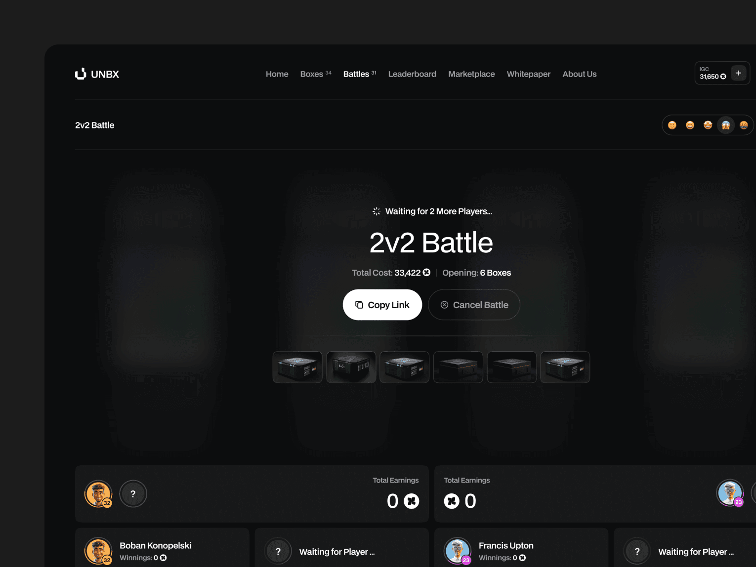 unbx 2v2 box battle ui design
