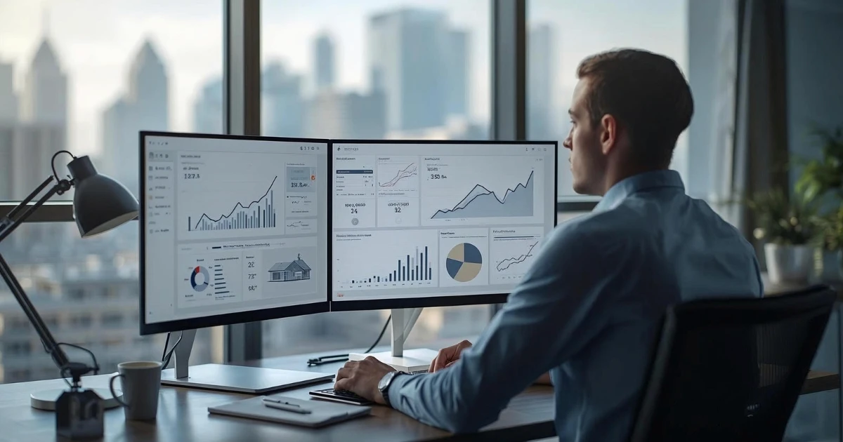 Real estate agent reviewing business growth analytics on a dual-monitor setup in a modern office