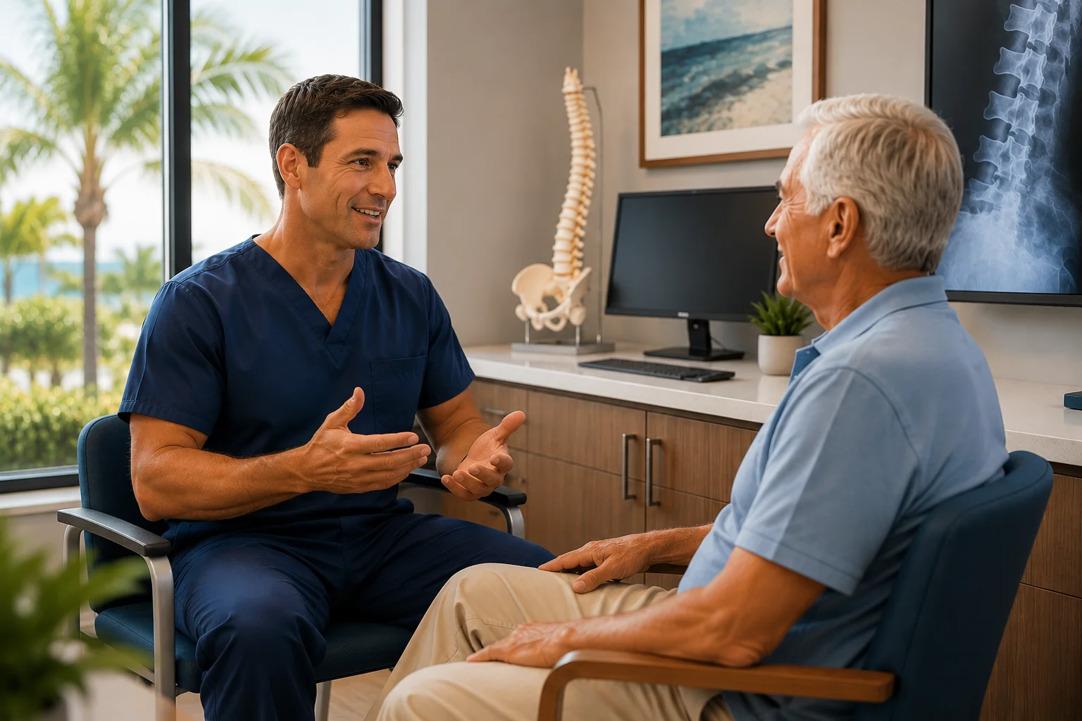Orthopedic physician in navy medical scrubs consulting with an older adult patient in a modern examination room, explaining treatment options in a relaxed conversation with warm natural light, soft blue accents, and a clean clinical setting in Naples, Florida.
