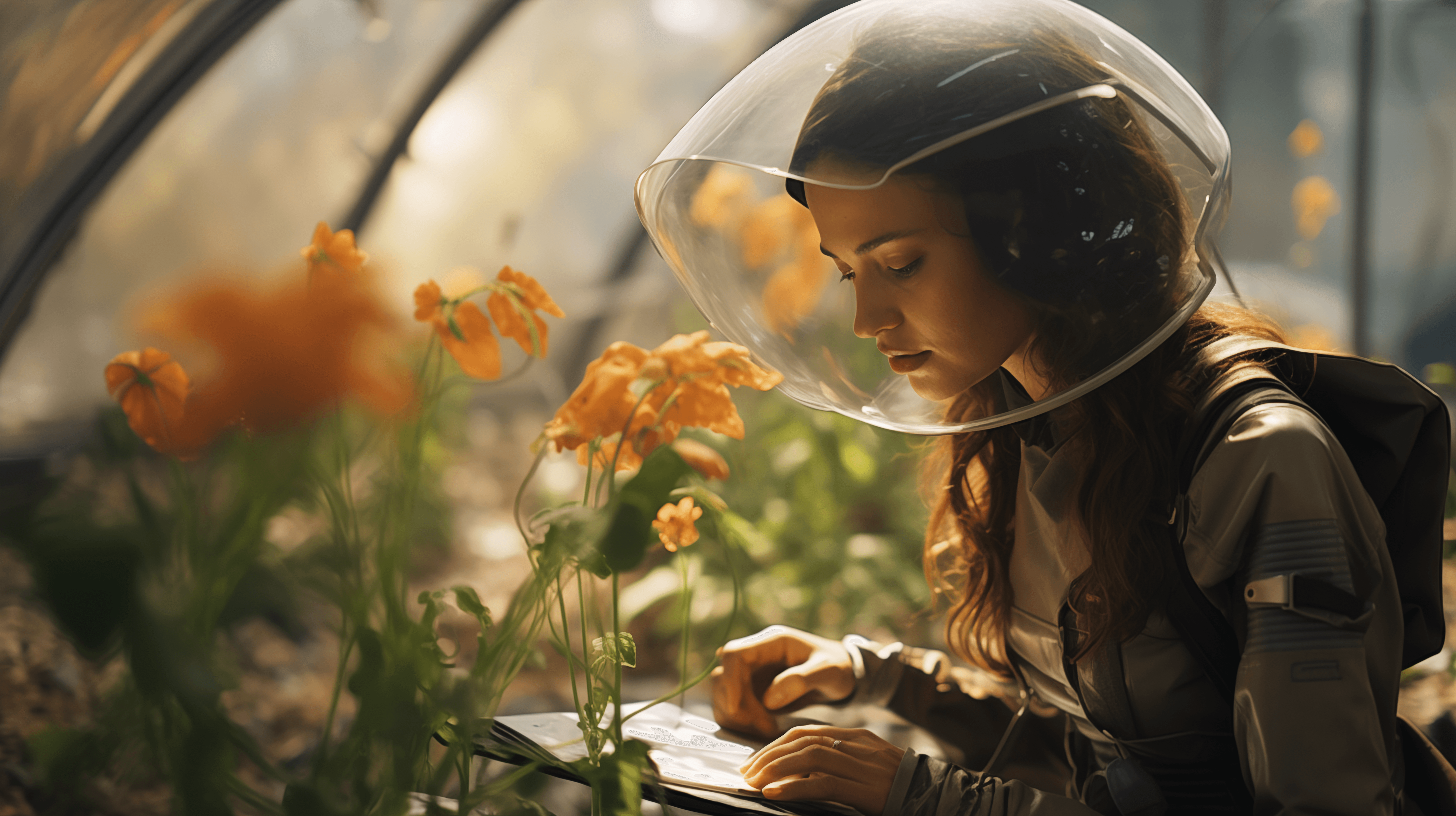 A person analyzing soil at a table of small plants while wearing a futuristic visor.