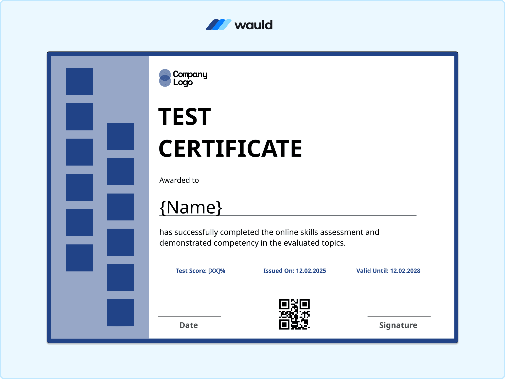 Test certificate template with stacked navy square pattern