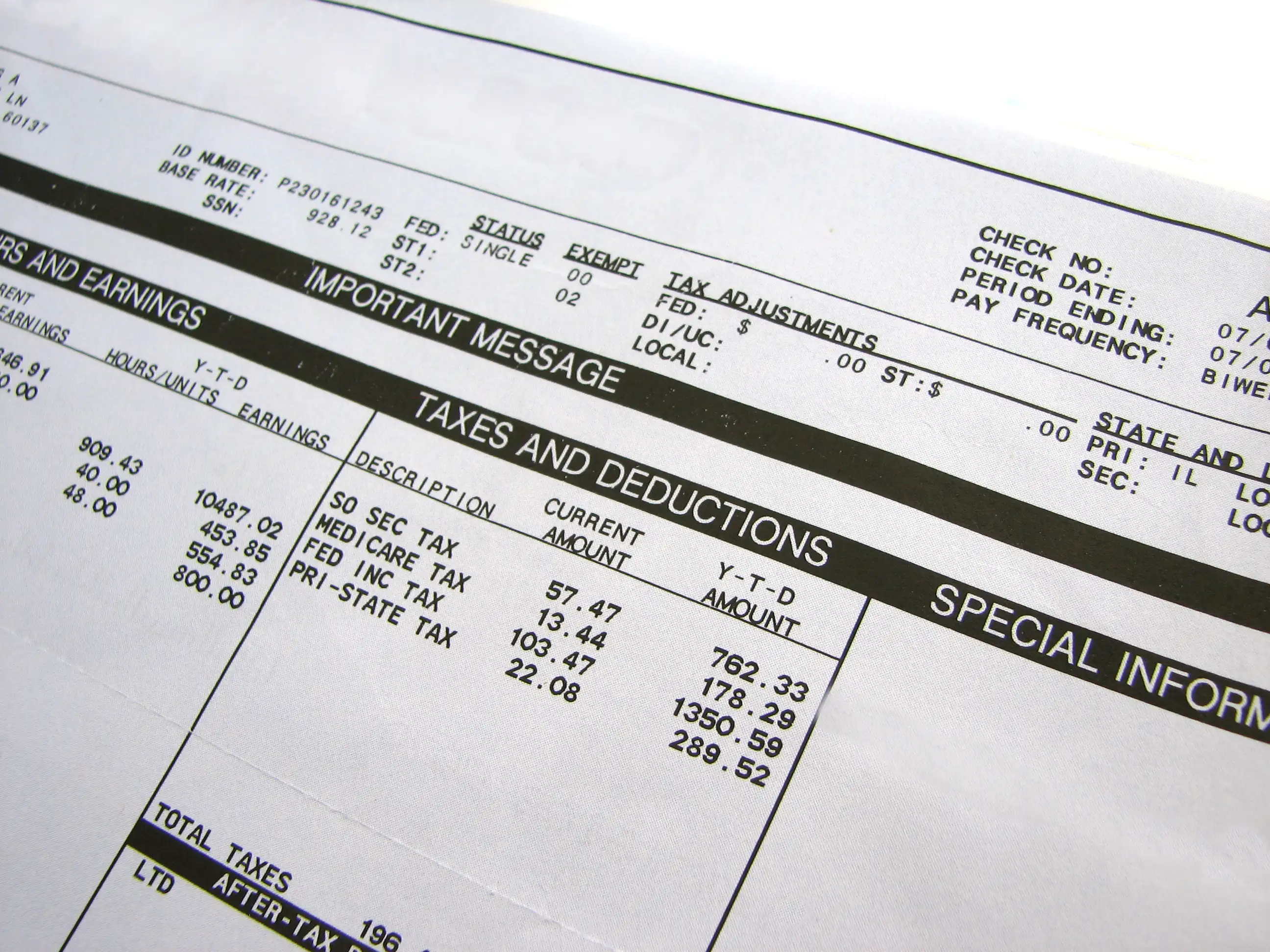 Itemized pay stub detailing hours worked and pay rates, illustrating unlawful time punch rounding under California meal period record laws