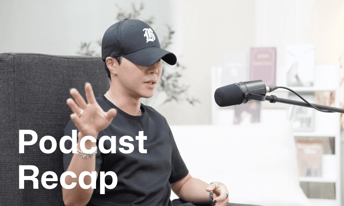 Guest speaking into a podcast microphone in a studio setting.