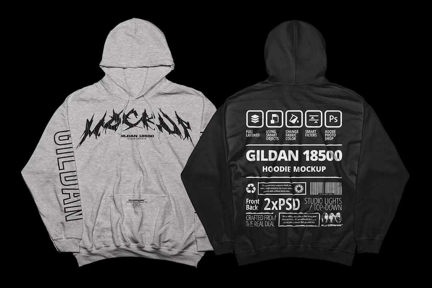 Gildan 18500 Hoodie Folded Arms mockup showing front and back design preview
