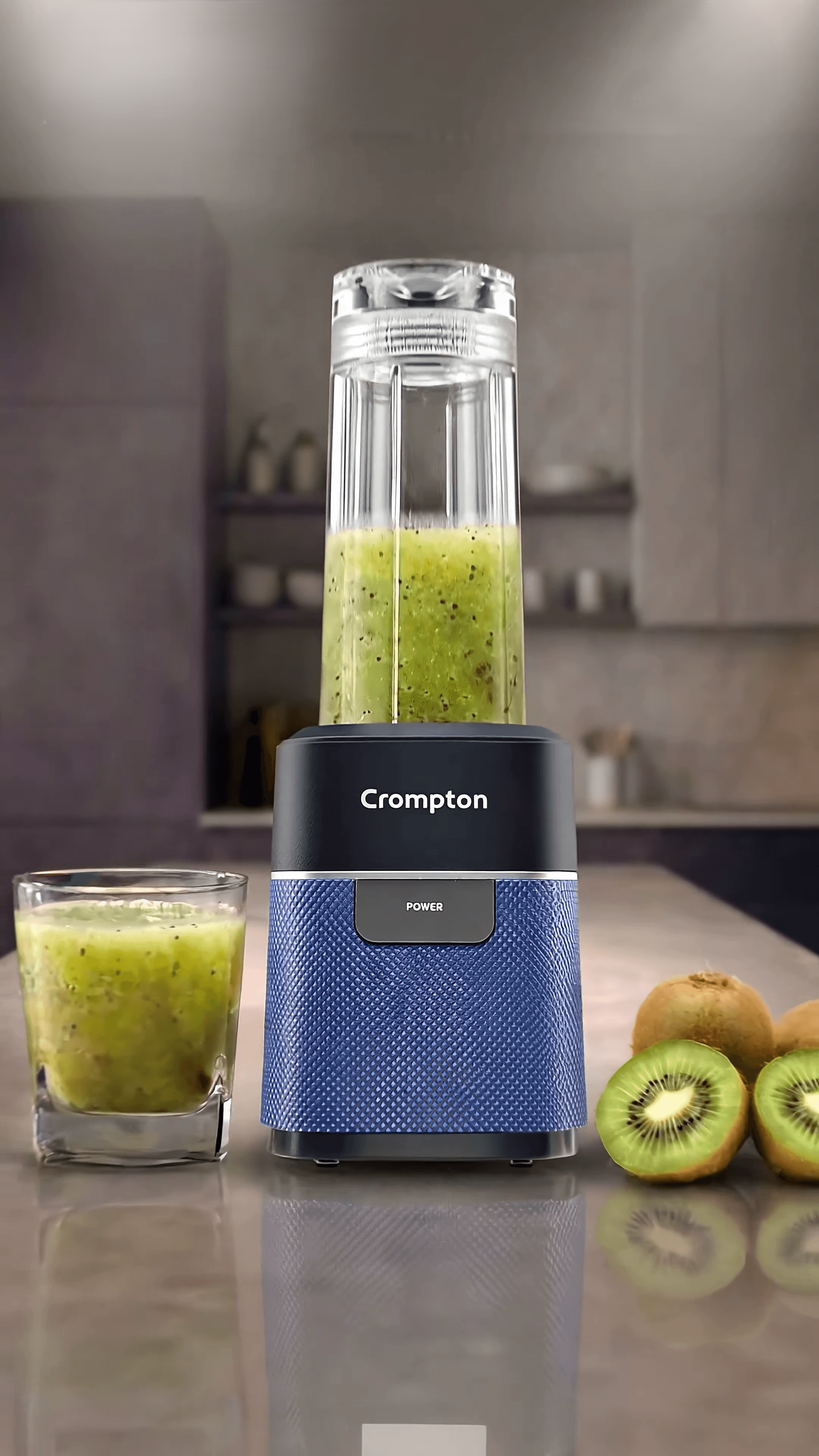 Crompton blender product shoot with fresh kiwi smoothie and kitchen setup.