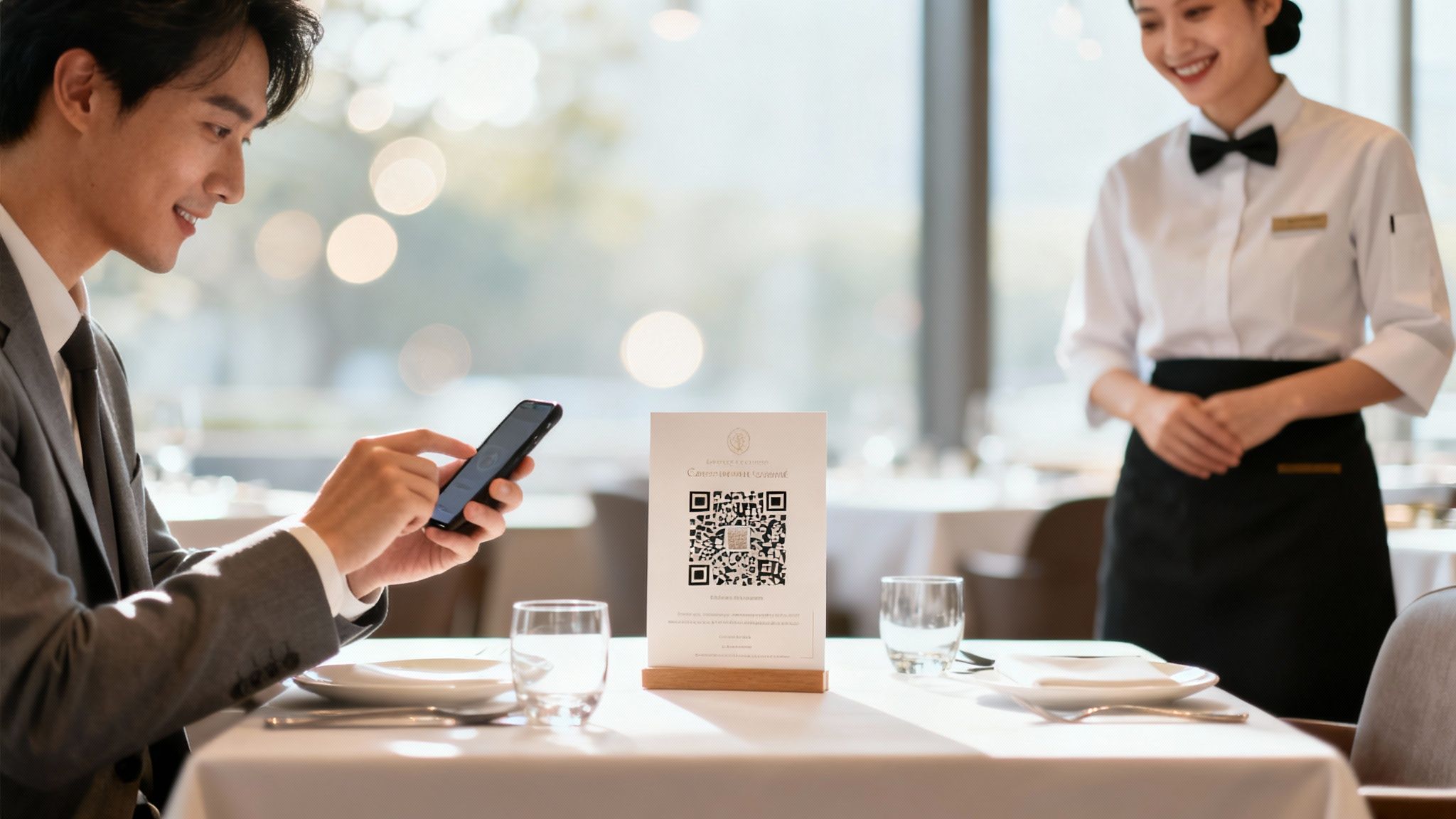 A man uses his smartphone to scan a QR code at a restaurant table with a smiling waitress.