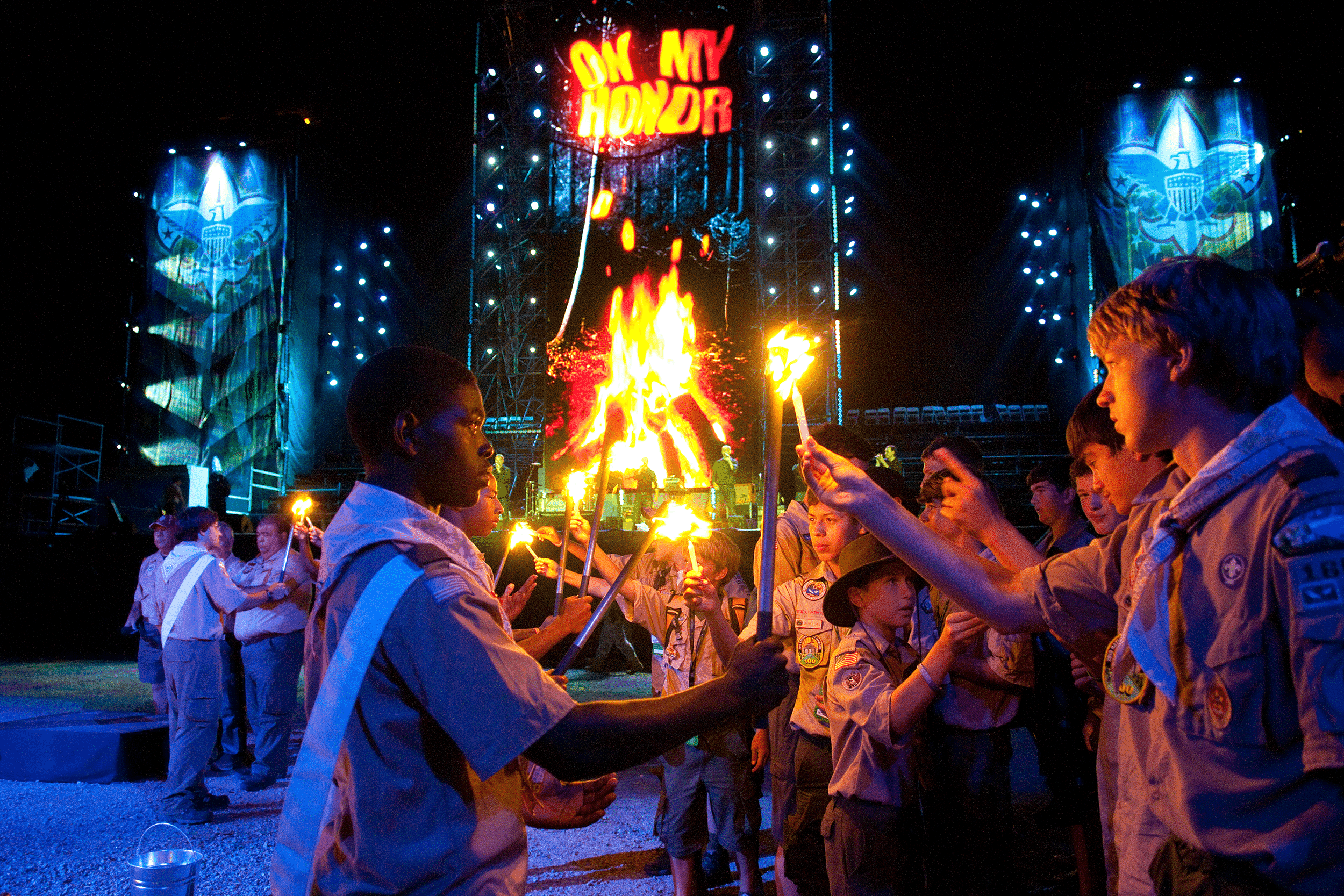 Boy Scouts 100th Anniversary National Scout Jamboree tribute with fire and scouts