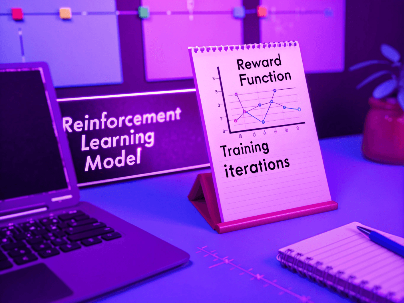 Büro mit Unterlagen zur Entwicklung von Reinforcement Learning Modellen